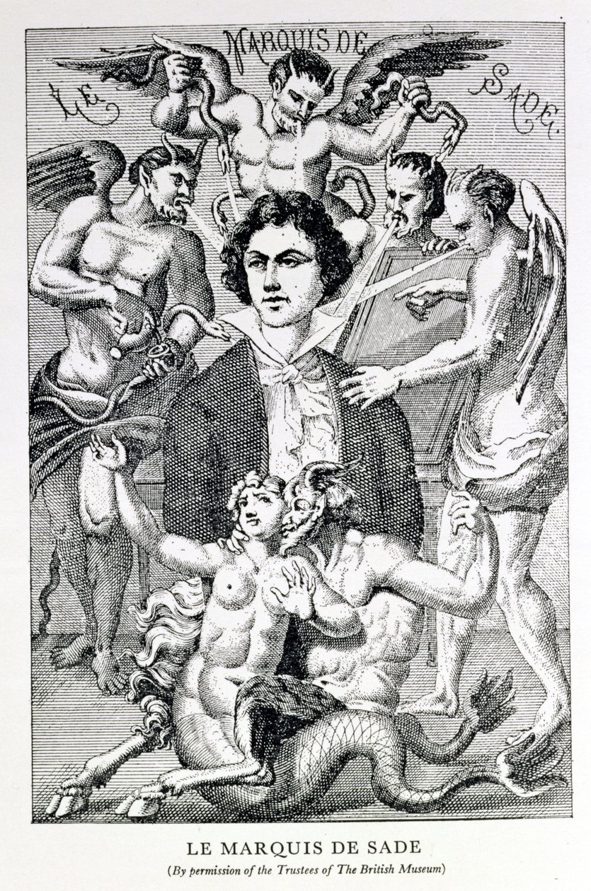 Porträtt av markisen de Sade omgiven av djävlar (gravyr) av French School