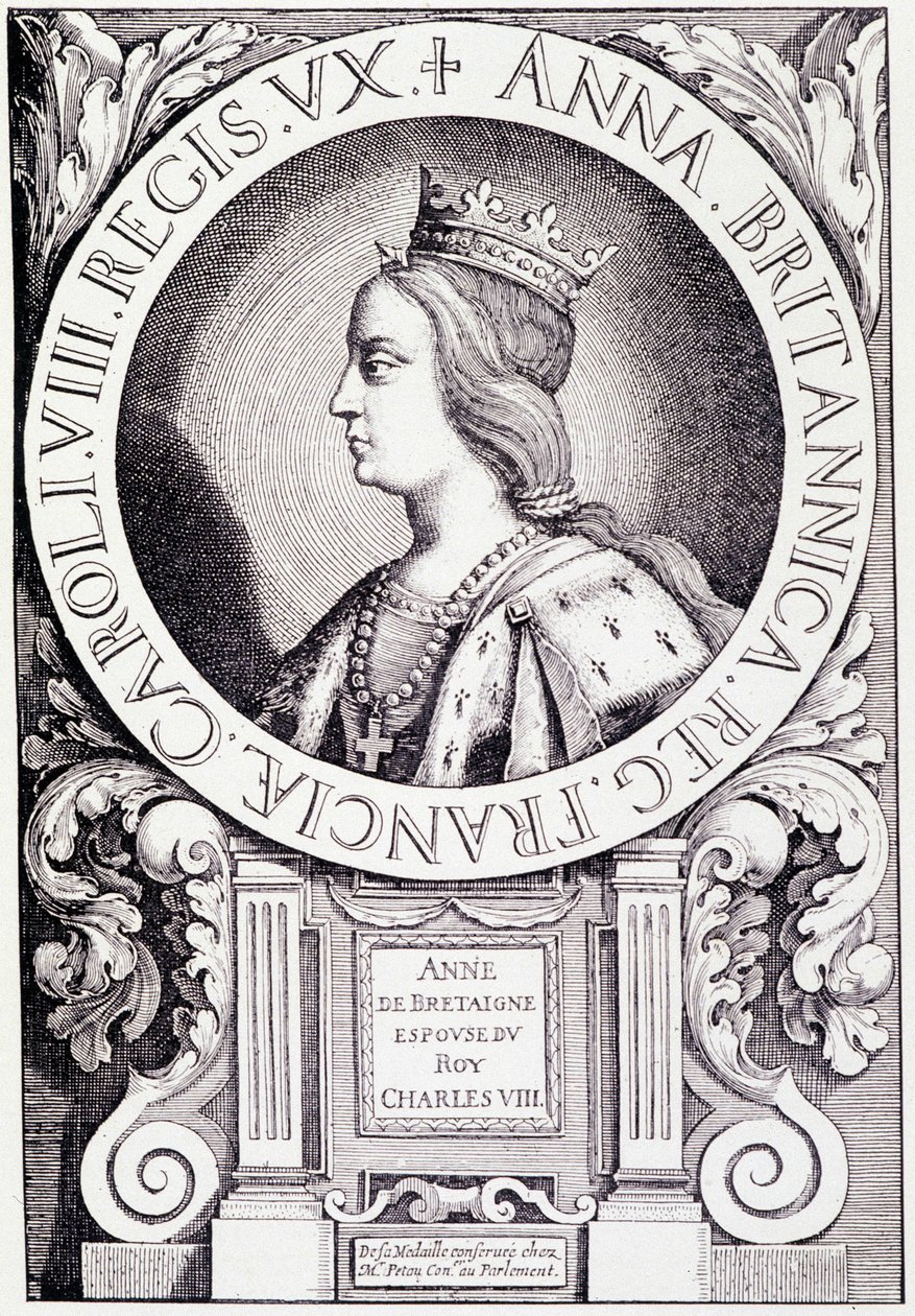 Porträtt av drottningen av Frankrike Anne av Bretagne (1477-1514). Gravyr från "Louis XII et Anne de Bretagne" av Paul Lacroix, ed. Georges Hurtrel av French School