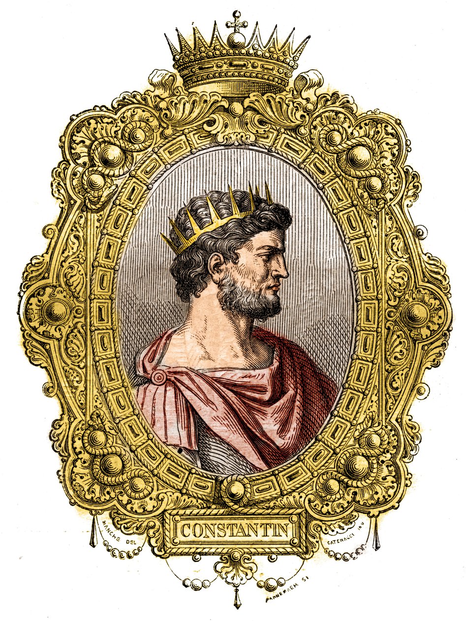 Porträtt av den romerske kejsaren Konstantin I den store (274-337). Gravyr i "Historien om påvar-kungar-drottningar och kejsare genom århundradena" av Maurice Lachatre av French School
