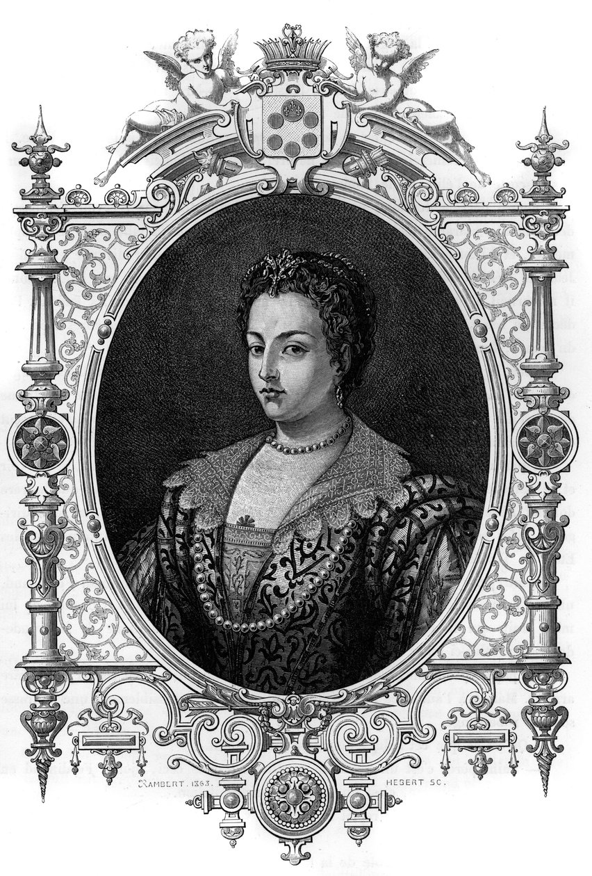 Porträtt av den venetianska Bianca Cappello (1548 - 1587), fru till Francois de Medicis (Francesco de Medici). Gravyr från 1862 i "" The Queens of the World"" av våra första författare. Bok utgiven under ledning av J. G. D. ARMENGAUD. av French School