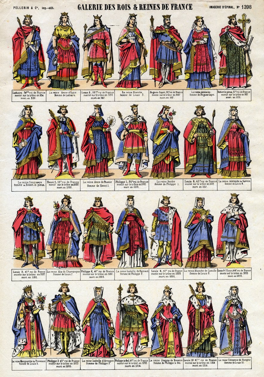 Porträtt av kungarna och drottningen av Frankrike från Capetian dynastin (Capetian dynastin) från Lothaire (941-986) till Ludvig X Hutinen (1289-1316). Epinal avbildning från slutet av 1800-talet. Privat samling. av French School