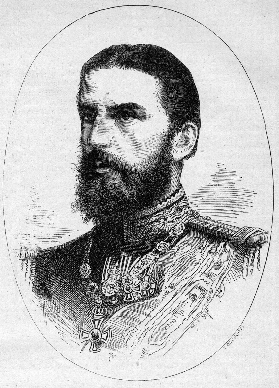 Porträtt av prinsen av Rumänien Charles de Hoenzolern Sigmaringer (1839-1914), blivande kung under namnet Charles I (Carol I). Gravyr i "" Le Monde Illustré"" nr 1054 av 23 juni 1877. av French School