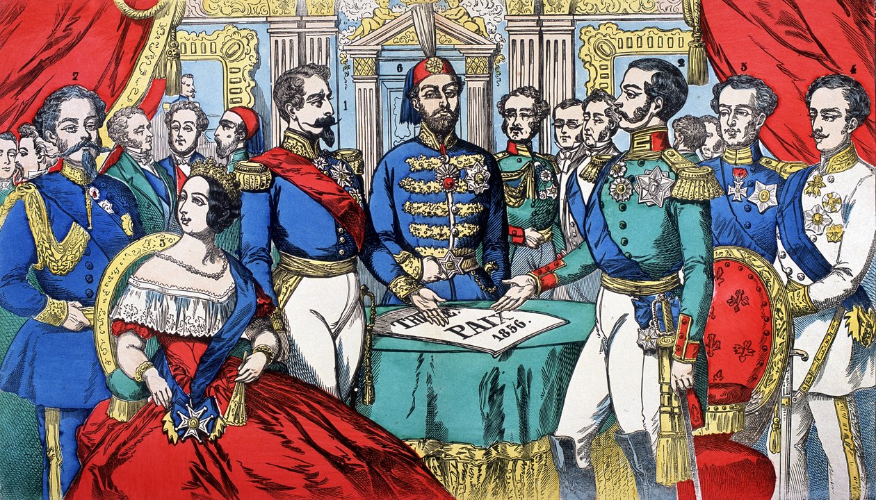 Porträtt av Europas suveräner under fredsfördraget 1856: från vänster till höger, Victor Emmanuel II (Victor Emmanuel) (Vittorio Emanuele), kung av Sardinien, Victoria, drottning av England, Napoleon III, turkisk kejsare, Alexander II, kung av Ryssland, F av French School