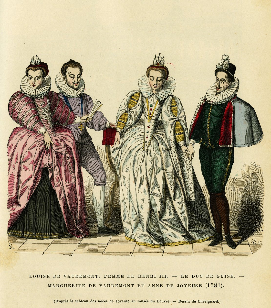Porträtt 1581, av Louise de Vaudemont (1553-1601), drottning av Frankrike, fru till Henrik III (1551-1589), av den tredje hertigen av Guise, Henri I, känd som Balafre (1549-1588), av Marguerite av Lorraine (1564-1625) dotter till greven av Vaudemont (Nicol av French School
