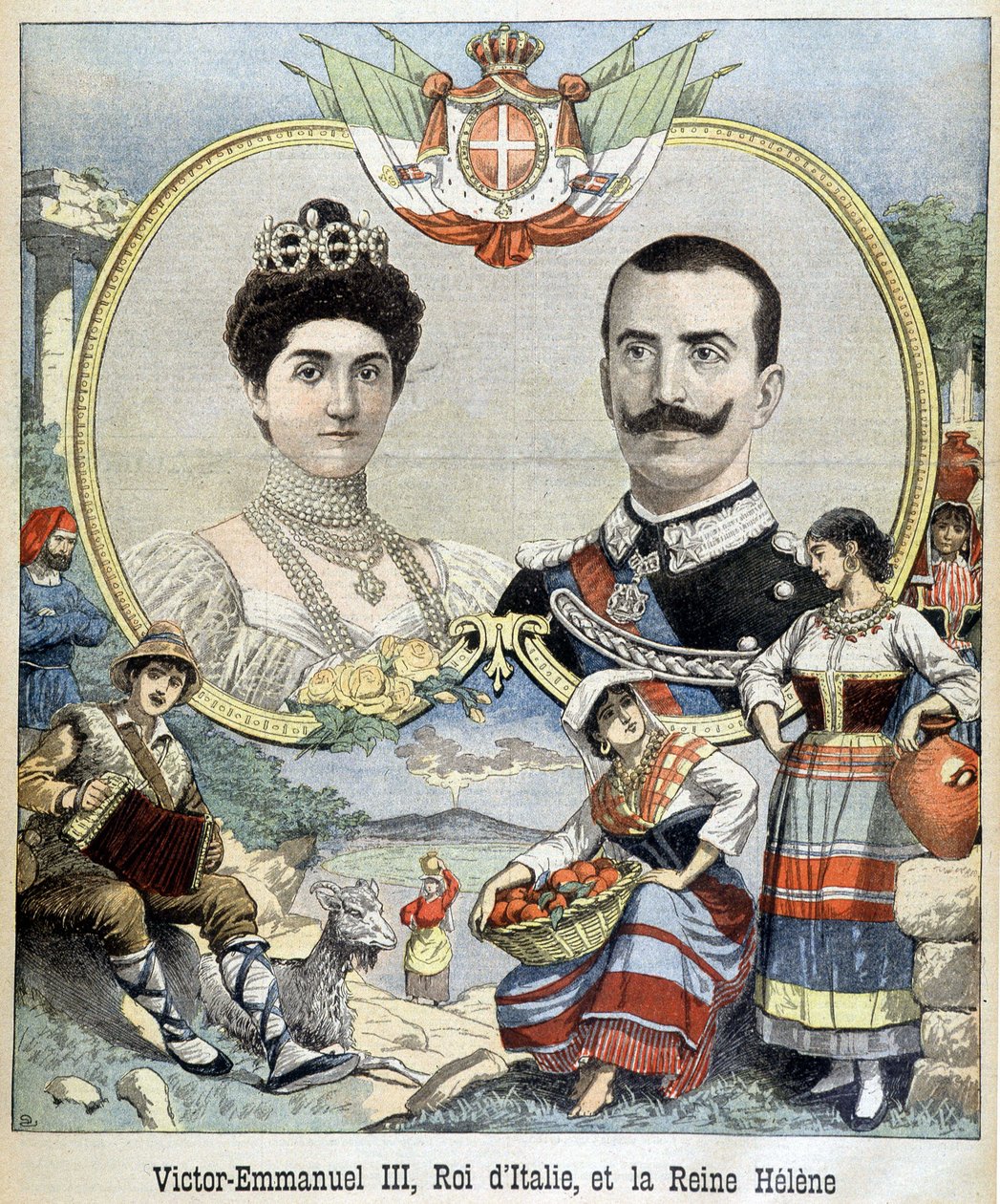 Porträtt i medaljong av Victor Emmanuel III och Helene av Montenegro, Italiens suverän, omslag "The Petit Journal" 5/7/1903 (gravyr) av French School