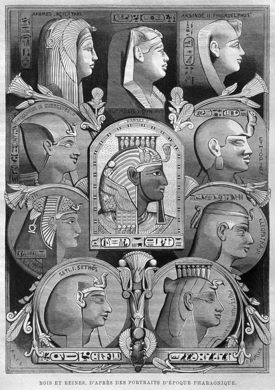 Porträtt av det antika Egyptens drottningar och kungar, från LEgypte av Georg Moritz Ebers (1837-98), 1881 (bw gravyr) av French School