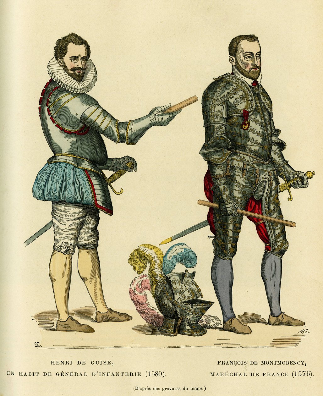 Porträtt av Henri I de Guise, känd som Balafre (1549-1588) i infanterigeneralens kappa 1580 och av Francois de Montmorency (1530-1579), marechal av Frankrike omkring 1576. Färggravyr, i "France et les francais a travers les siecles”” av Augu av French School
