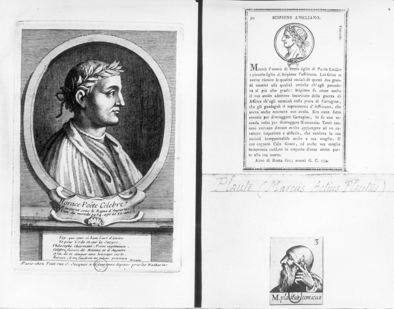 Portrætter af Horace (65-8 f.Kr.) Scipio Aemilianus (Africanus Minor) (185-129 f.Kr.) og Plautus (ca. 254-184 f.Kr.) av French School