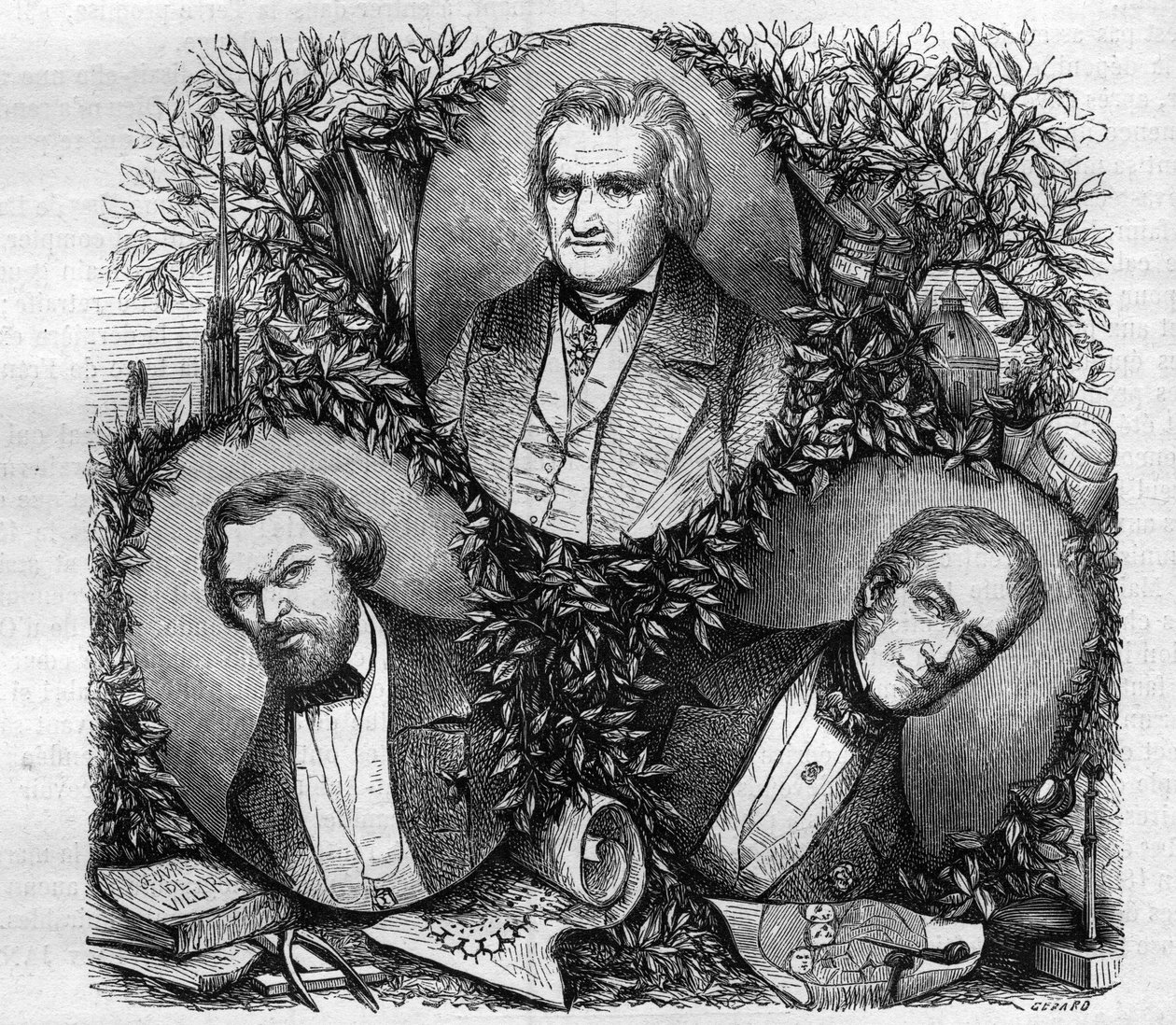Porträtt av Jean Baptiste Antoine Lassus (1807-1857), fransk arkitekt (till vänster); Charles Lacretelle Jeune (1766-1855), fransk historiker och jurist (mitten); och baron Auguste Gaspard Louis Desnoyers (1779-1857), fransk gravör. Gravyr från 1858. av French School
