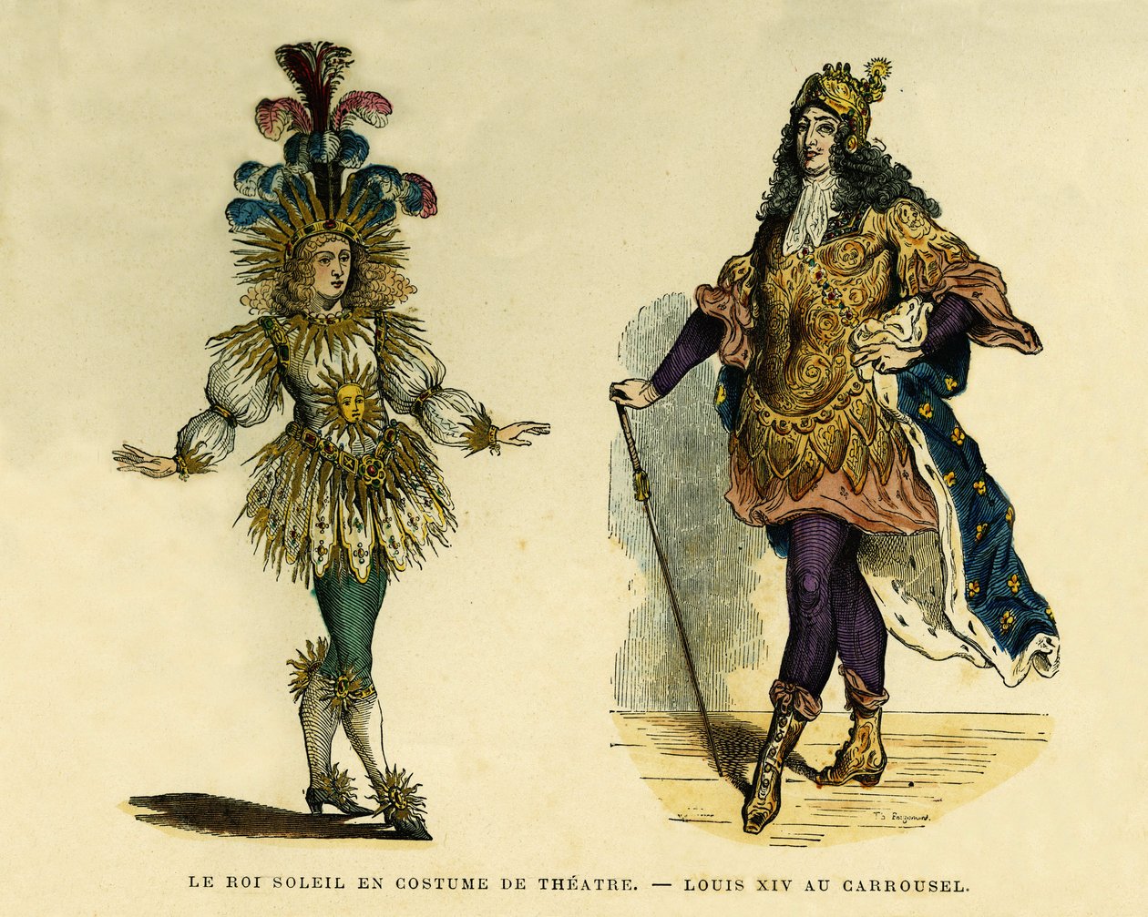 Porträtt av kung Ludvig XIV (1638-1715), i teaterdräkt och karusell. Färggravyr, i "France et les francais a travers les centuries"" av Augustin Challamel, F.Roy redaktör, Paris 1882. Selva Collection. av French School