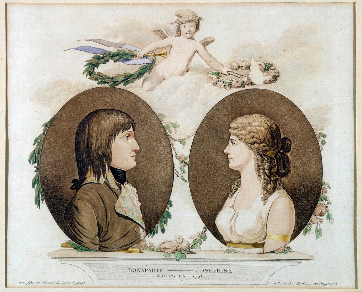 Porträtt av Napoleon Bonaparte (1769-1821) och Josephine de Beauharnais (1763-1814) gifte sig 1796”” Anonym akvarell omkring 1800. Sön 0,21x0,23 m Malmaison, musee du chateau av French School