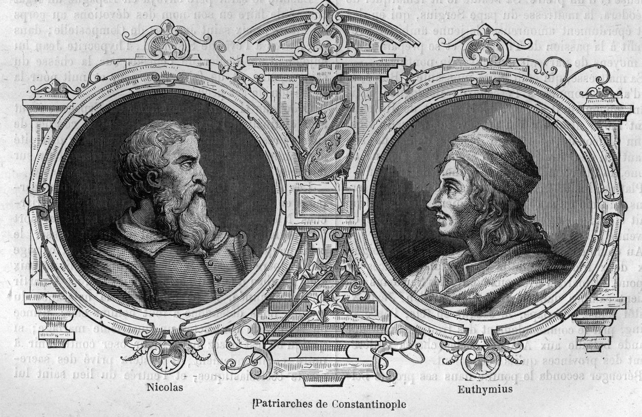 Porträtt av Nikolaus den mystiker (900-talet) och Euthymius av Athos (955-1028), patriarker av Konstantinopel. Gravyr i "Histoire des Papes-Rois-Queen and Empereurs a travers les centuries"" av Maurice Lachatre av French School