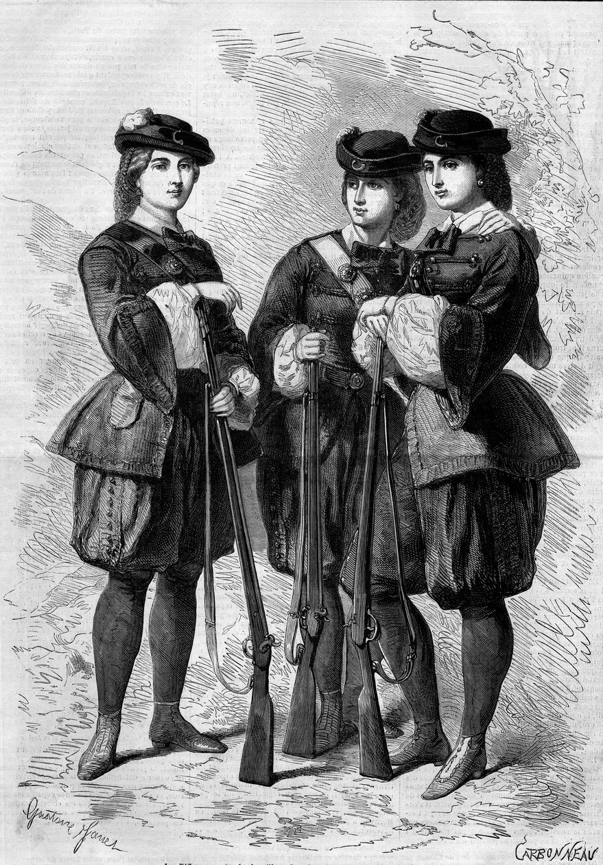 Porträtt av gevärskvinnor: bataljoner av kvinnliga frivilliga i England. Gravyr i "" Le Monde Illustré"" nr 172 av 28 juli 1860. av French School