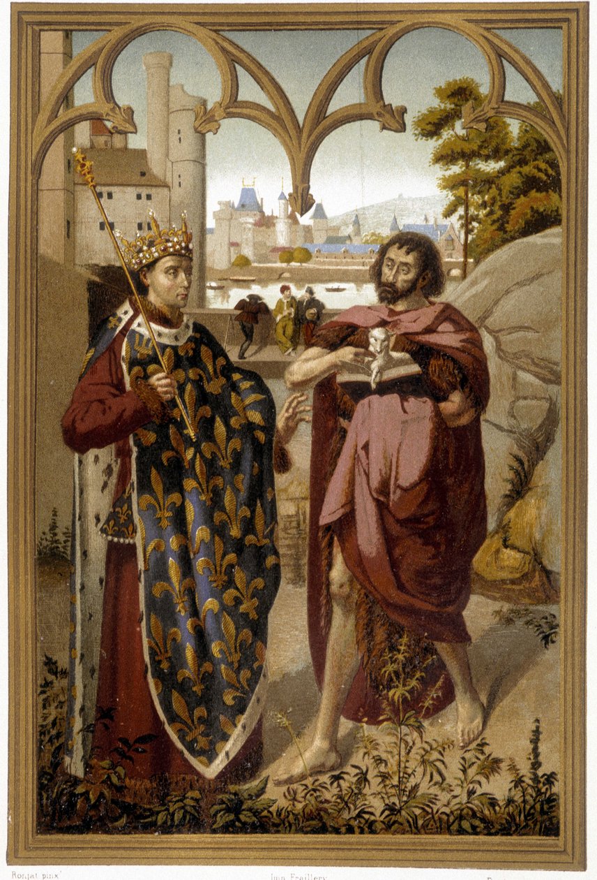 Porträtt av Saint Louis och Saint John the Baptist - repro. efter fragment av altartavlan tillskriven Van Eyck, i "The Chroniclers of the History of France from the Origins to the 16th Century" av Mme de Witt, Paris av French School