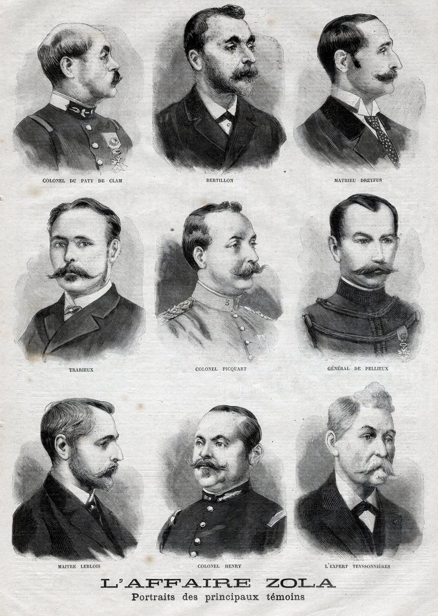 Porträtt av huvudvittnena i Dreyfus Zola-affären i ”Le Petit Journal”, 27 februari av French School