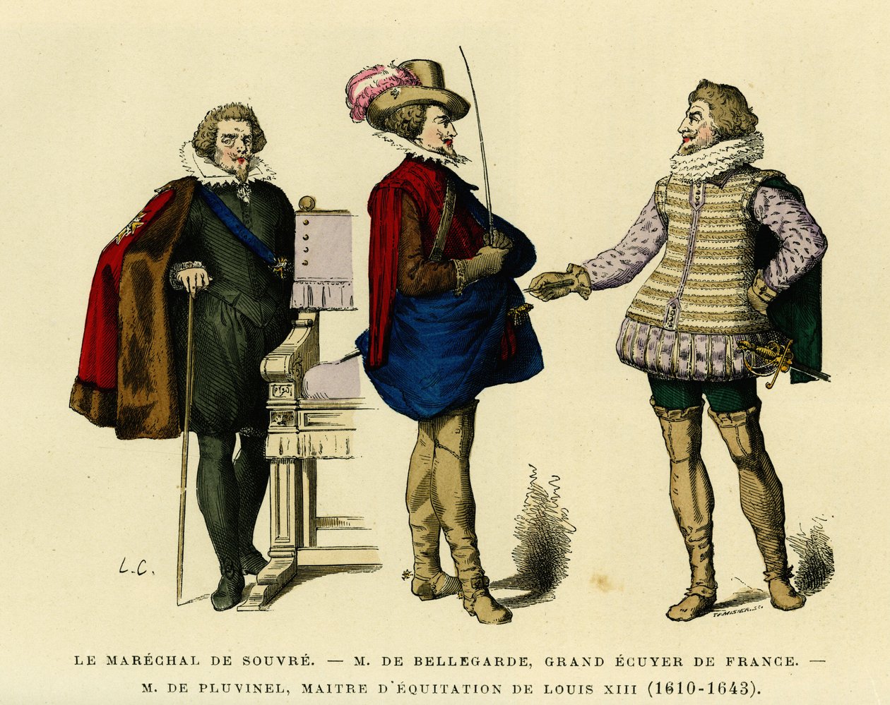 Porträtt av marechalken av Souvre (död 1626), av Roger de Saint Lary, hertig av Bellegarde (1562-1646), stor ecuyer av Frankrike och Antoine de Pluvinel (1556-1605), ridmästare hos Ludvig XIII (1610-1643). Färggravyr, i "France et les franc av French School