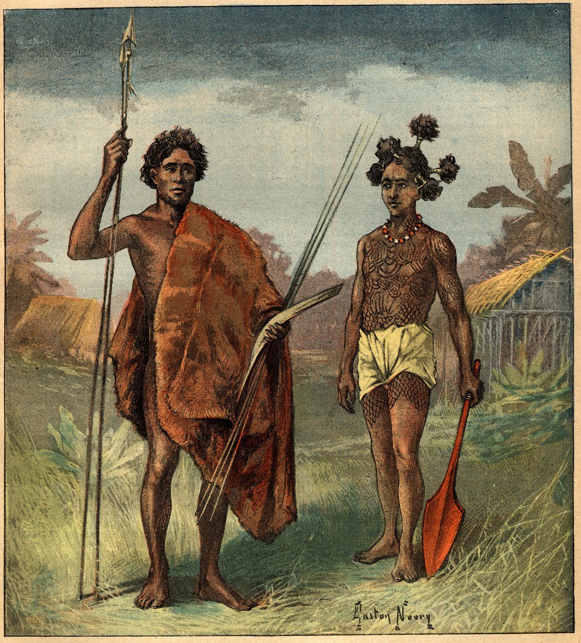 Porträtt av två ursprungsbefolkningar från Marringong-stammen, New South Wales (Australien). Gravyr i "" La Terre Illustree"" nr 97 av 8 september 1892. av French School