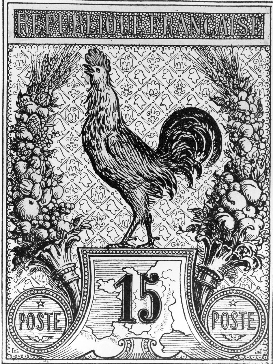 Frimärke som visar den franska tuppen, franska republikens emblem, sent 1800-tal av French School