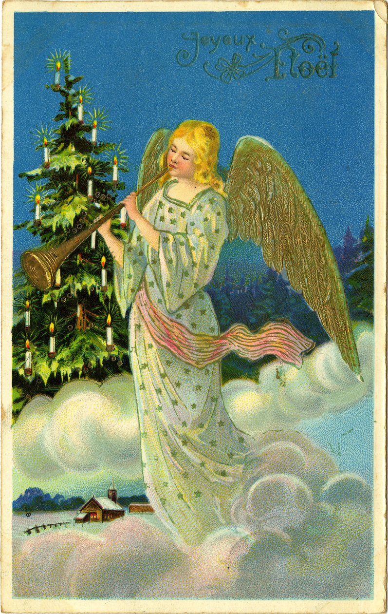 Vykort, julhälsningar: ängel med trumpet på moln. Början av 1900-talet. av French School