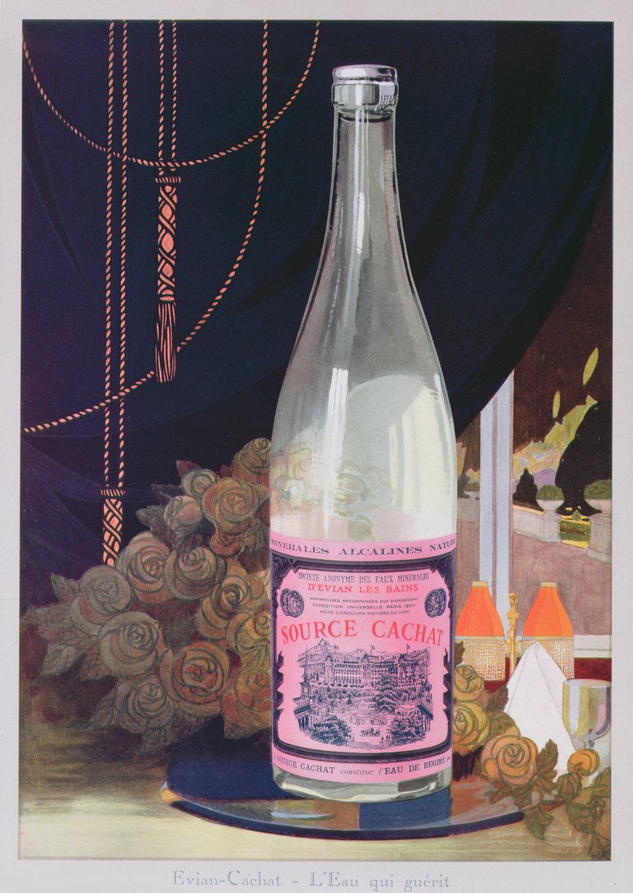 Vykort som annonserar Evian-vatten från Source Cachat, 1906 av French School