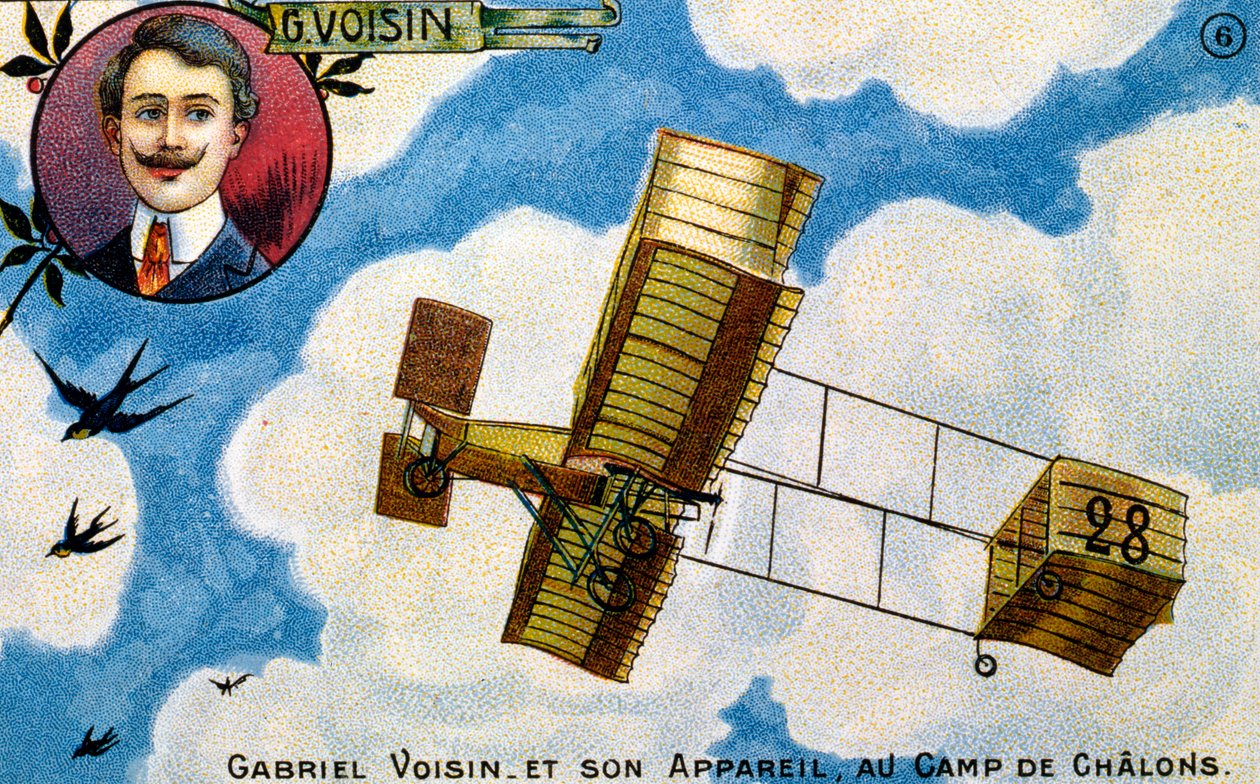 Vykort som hyllar den franske pionjärflygaren Gabriel Voisin, tidigt 1900-tal (chromolitho) av French School