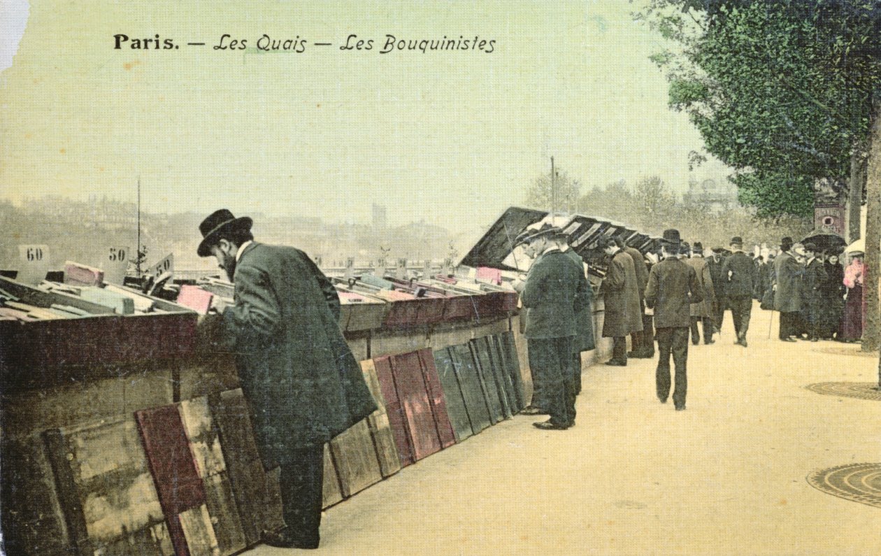 Vykort föreställande Bouquinistes längs Seines vänstra strand, Paris, före 1914 (färgat foto) av French School
