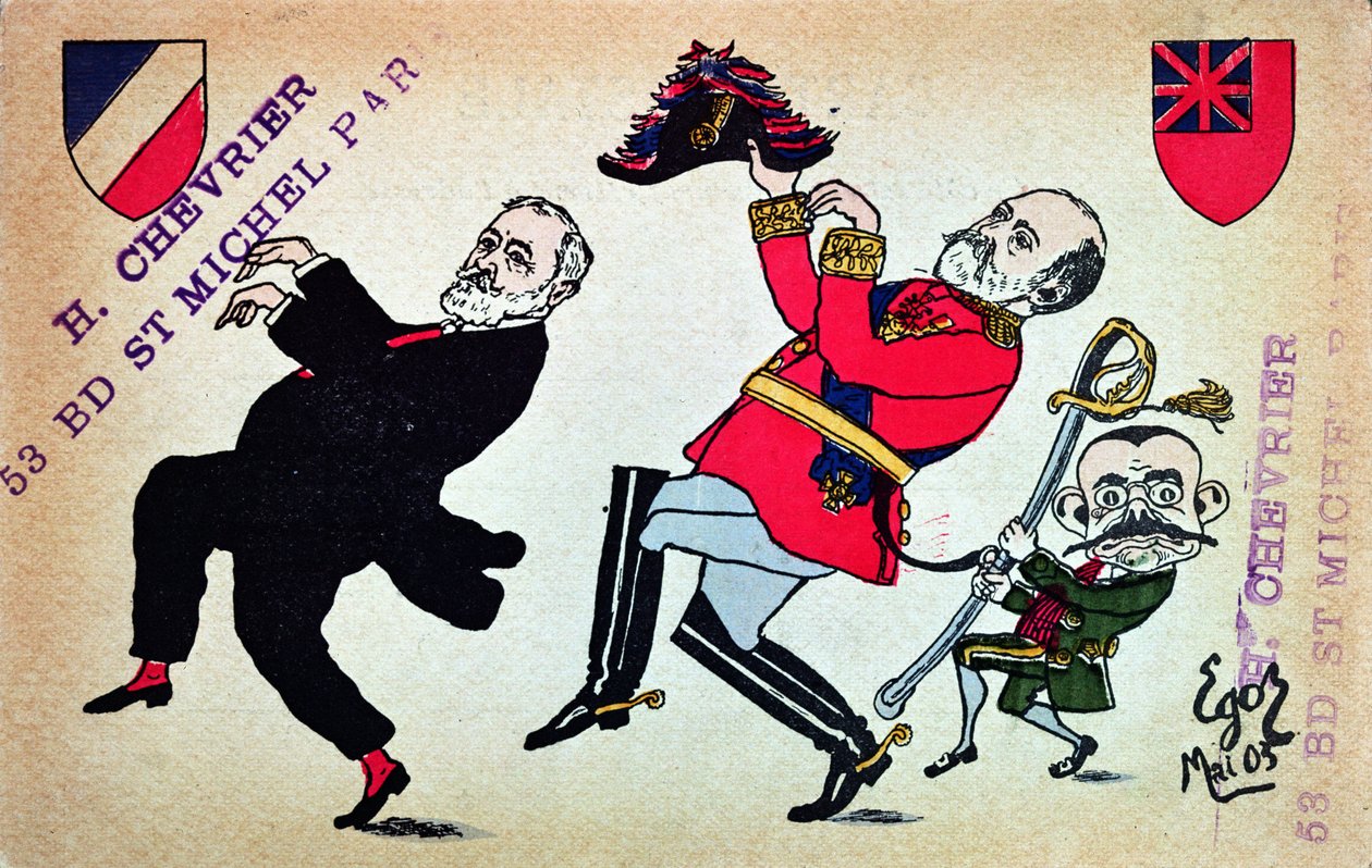 Vykort föreställande president Loubet (1838-1929), kung Edward VII (1841-1910) och Theophile Delcasse (1852-1923), maj 1903 av French School