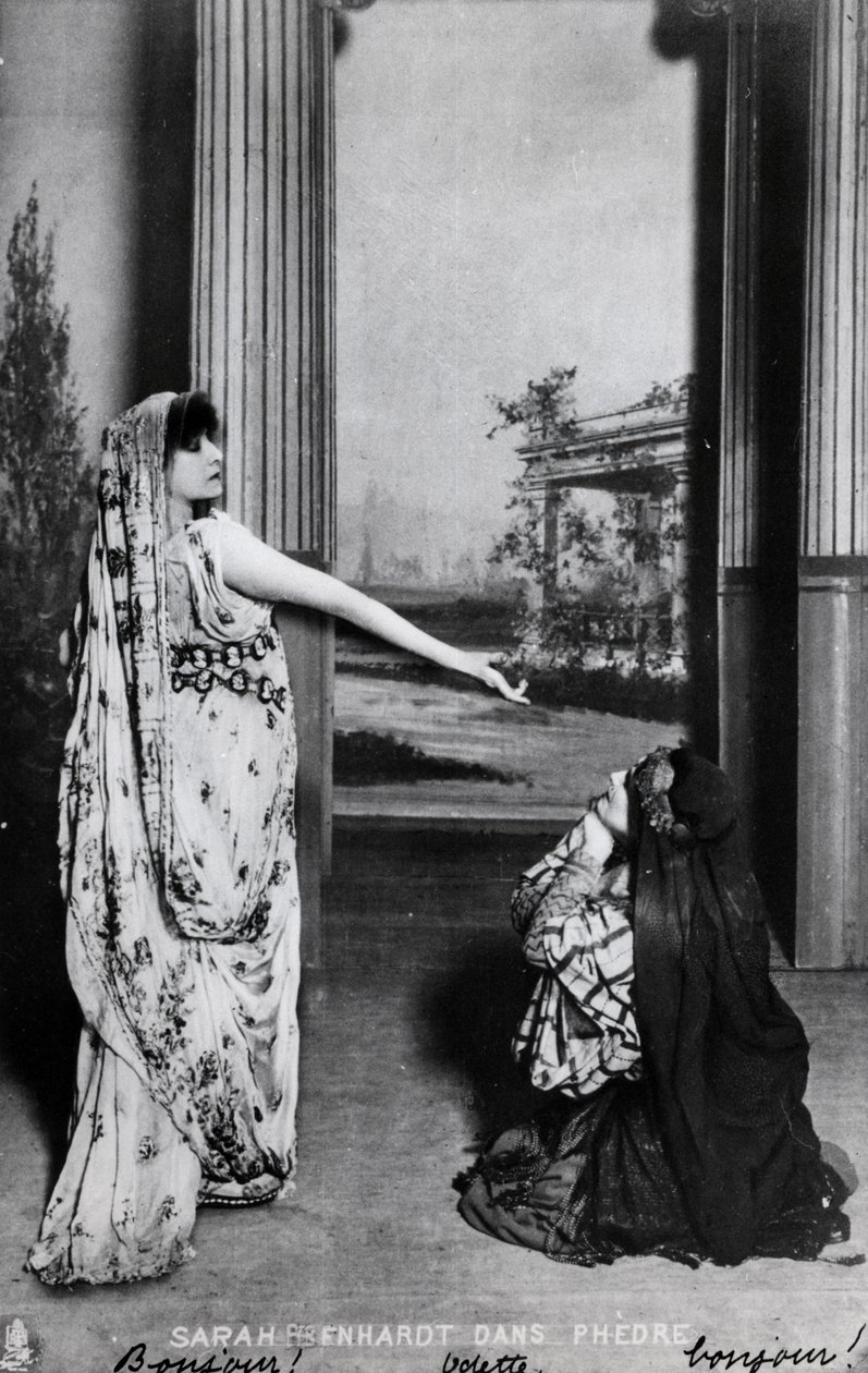 Vykort föreställande Sarah Bernhardt (1844-1923) i Phedre av Jean Racine (1639-99) sent 1800-tal av French School