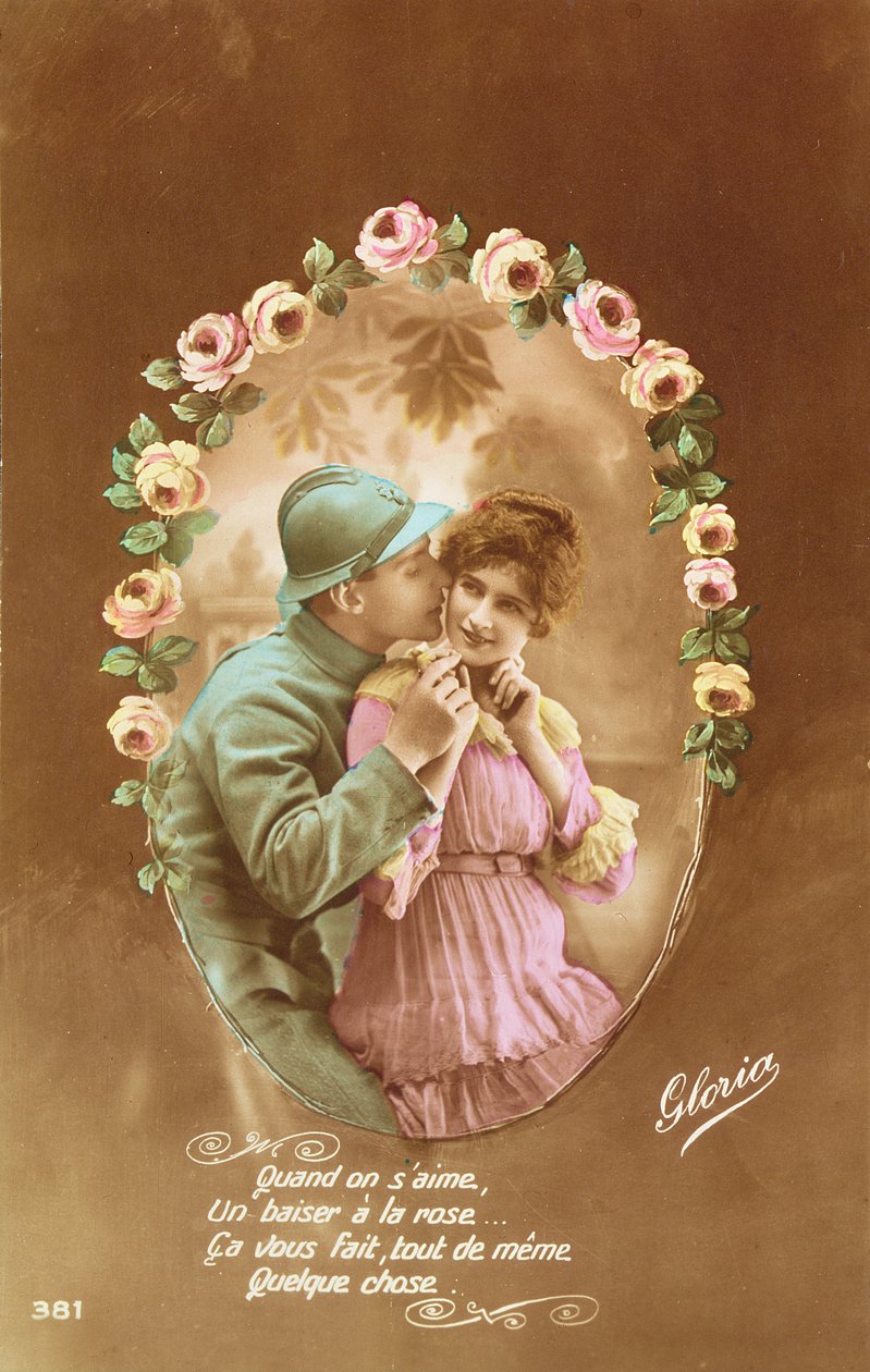 Vykort föreställande en fransk soldat och hans älskare, 1914-18 (färgat foto) av French School