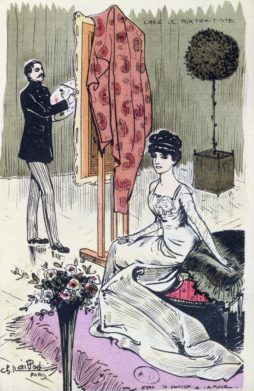 Vykort föreställande en fashionabel porträttmålare på jobbet, 1910 av French School