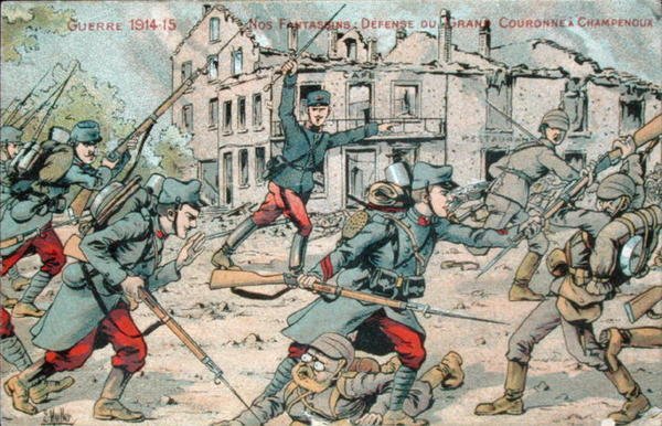 Vykort som visar det franska infanteriet som försvarar Champenoux av French School