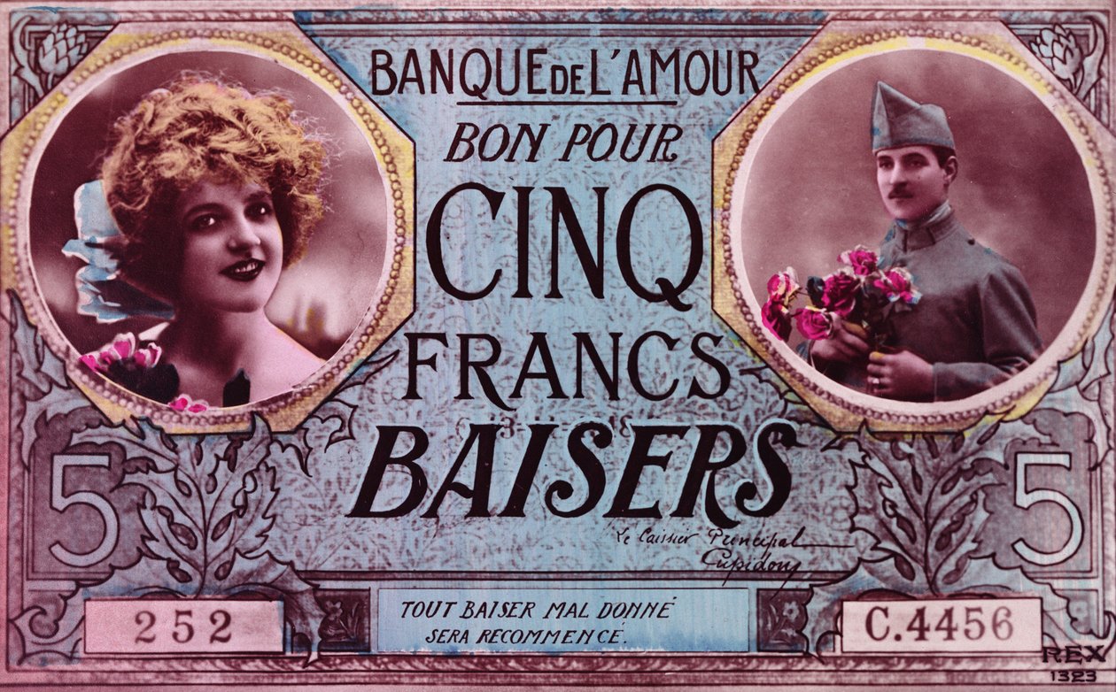 Vykort i form av en kupong för fem kissesfrancs från Bank of Love, 1914-18 av French School