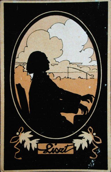 Vykort av Franz Liszt (1811-86) med den ungerska landsbygden i bakgrunden, ca 1910 (färg litho) av French School
