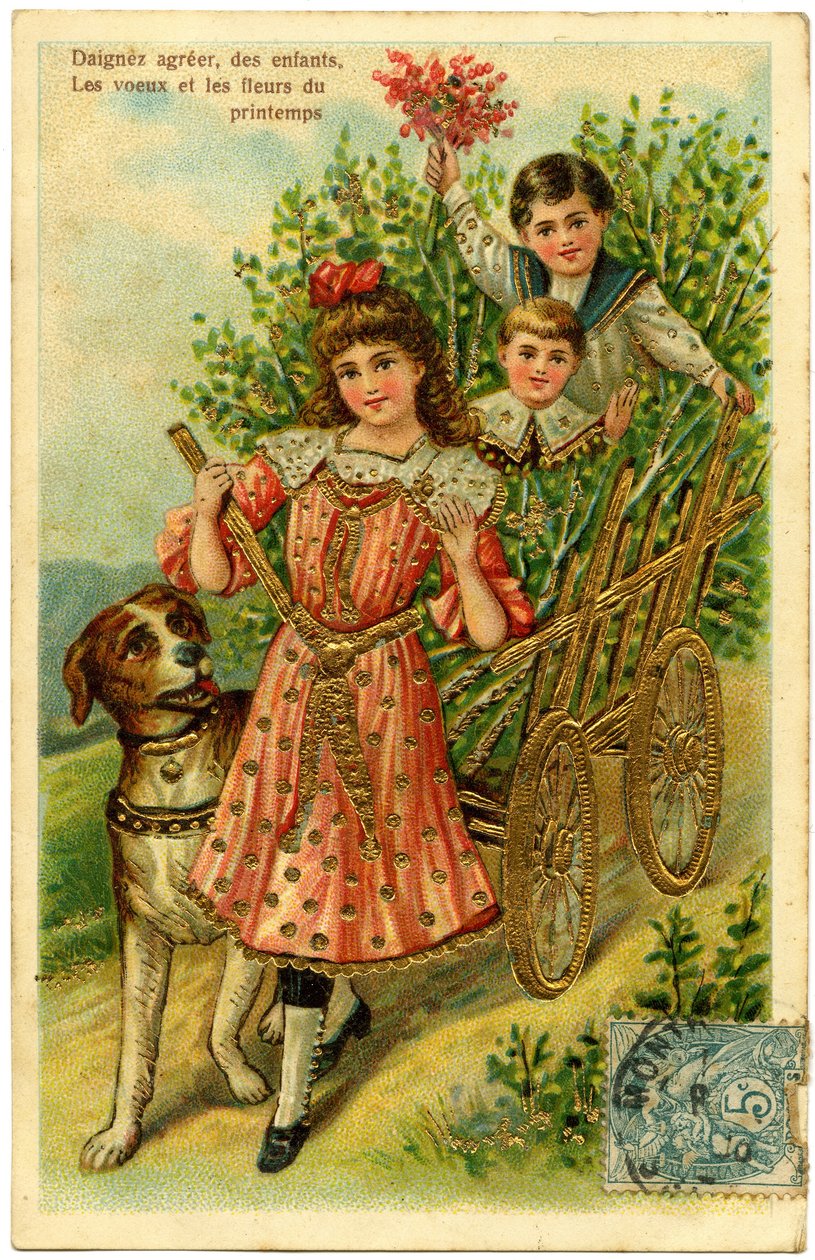Vykort, godkänn gärna barnens önskemål och vårblommor (tryckt papper i kromolitografi med tillagd förgyllning) av French School