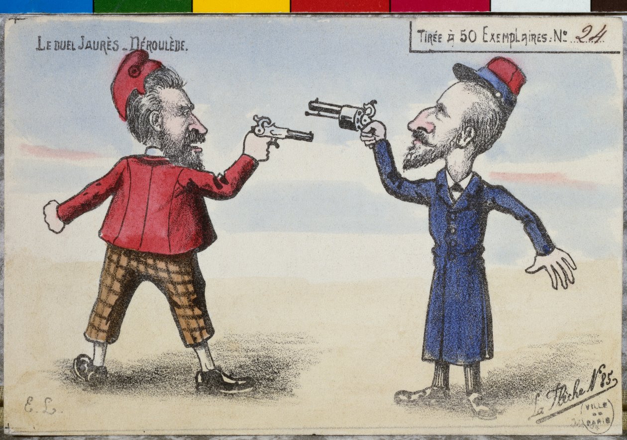 Vykort duellen mellan Paul Deroulede och Jean Jaures, december 1904 av French School