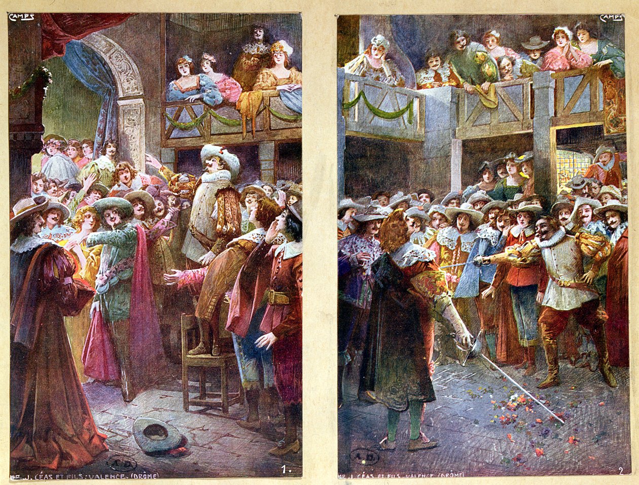 Vykort föreställande Cyrano de Bergerac och duellen på Hotel de Bourgogne, ca 1900 av French School