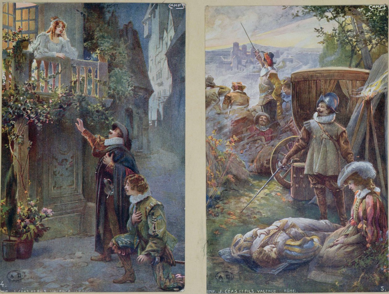 Vykort föreställande Cyrano de Bergerac med Roxanne och Christians död, ca 1900 av French School