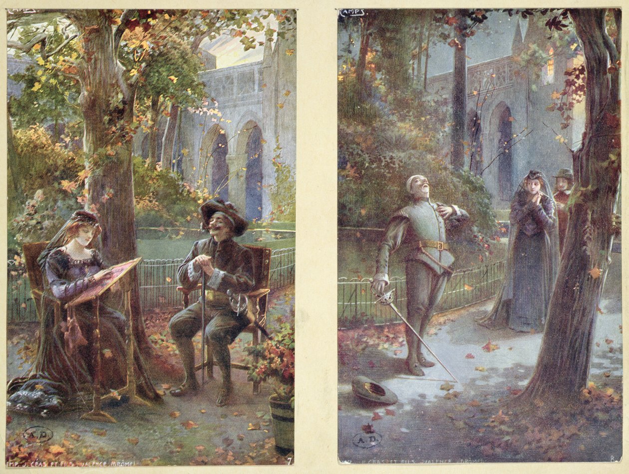 Vykort föreställande Cyrano de Bergerac med Roxanne, ca 1900 av French School