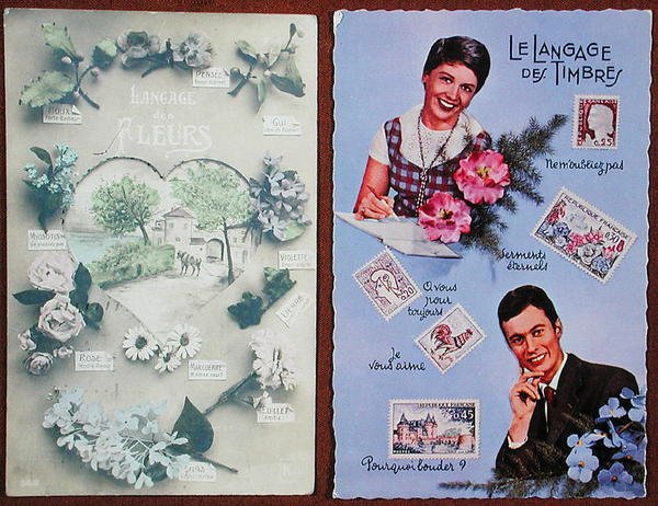 Vykort som visar blommors språk, ca. 1913 och av frimärken, ca. 1963 (lito i färg) av French School