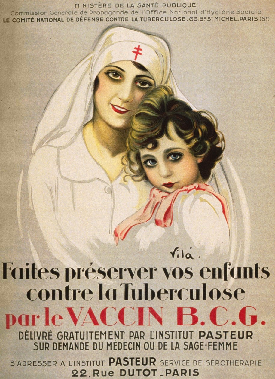 Affisch "" Skydda dina barn mot tuberkulos av B.C.G. Vaccin utfärdat kostnadsfritt av Institut Pasteur på begäran av läkare eller barnmorska””, av Vilà 1917 av French School