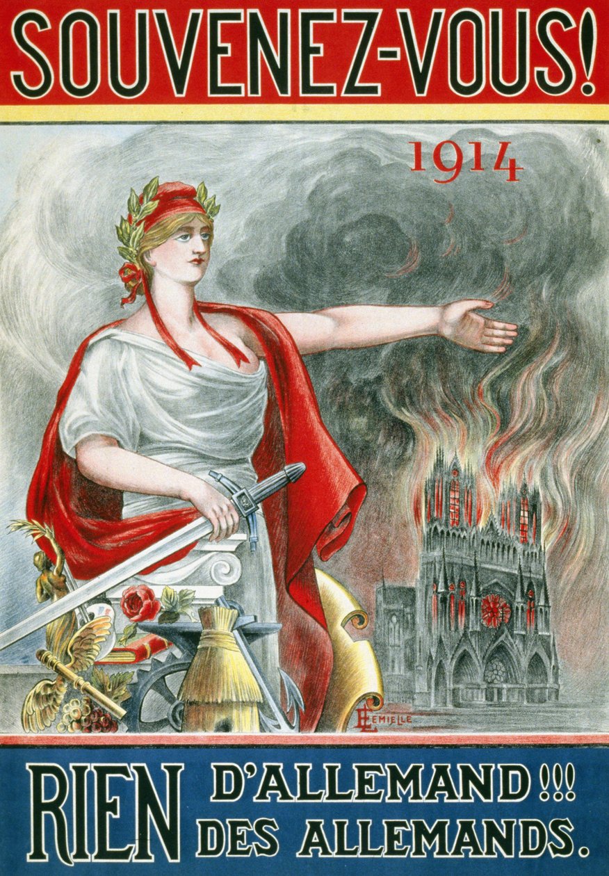 Affisch "" Kom ihåg! 1914. Inget tyskt!!! av tyskarna””. (Marianne visar katedralen i Reims i brand), publicerad omkring 1915. av French School
