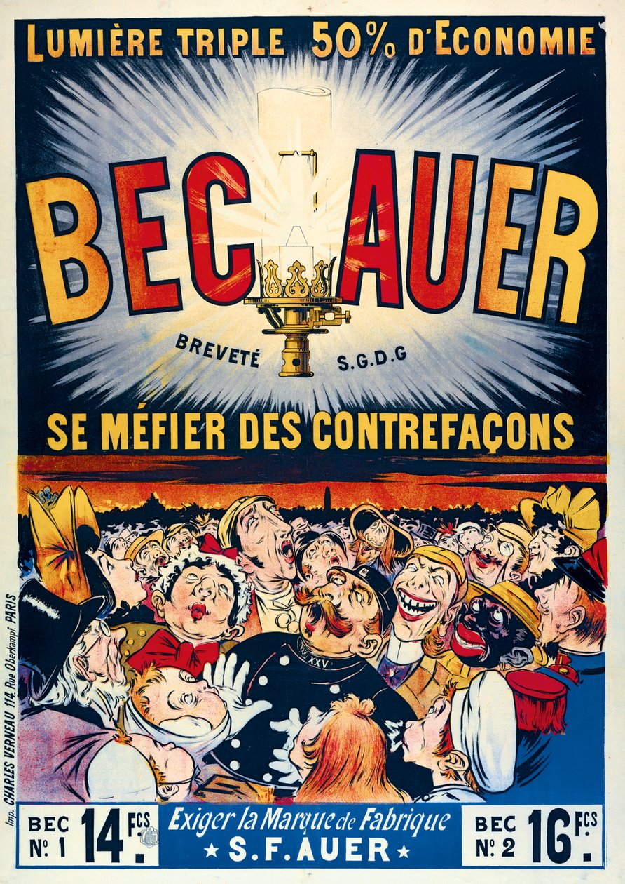Affischreklam för Becauer petroleumlampor, tryckta av Charles Verneau, 1890 av French School