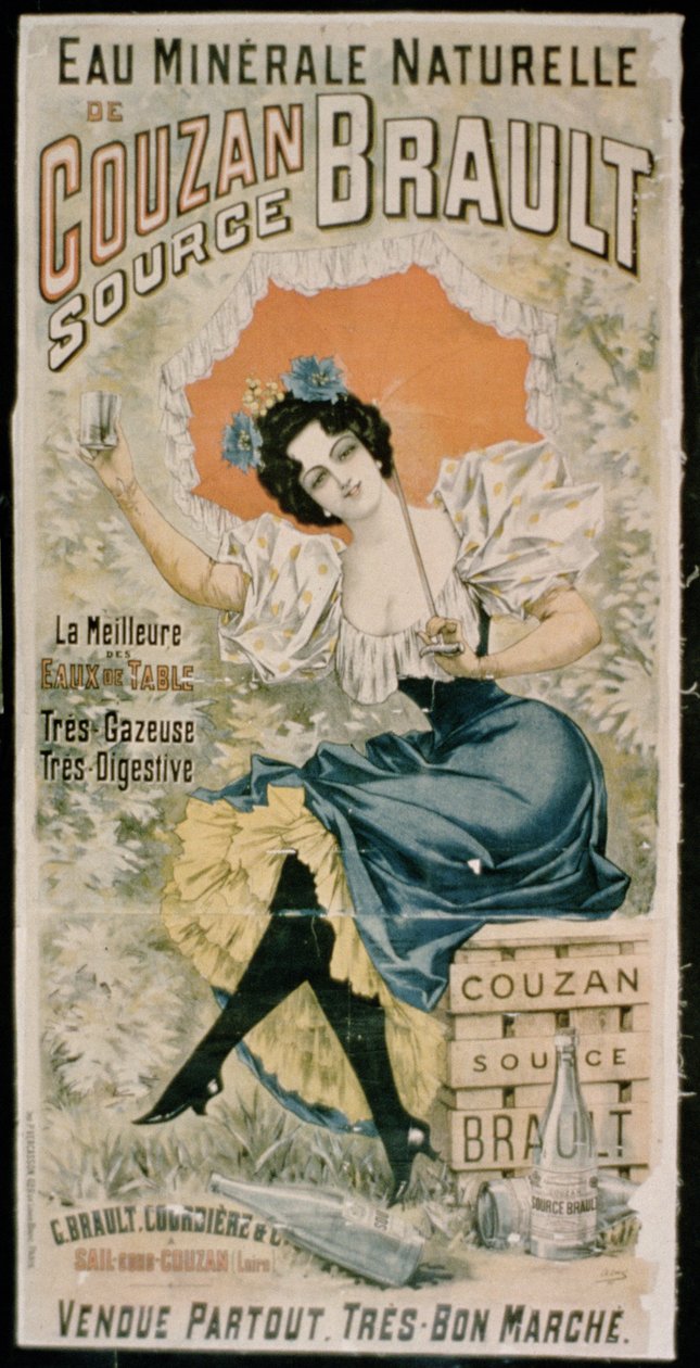 Affisch som annonserar Brault Natural Mineral Water från Couzan av French School