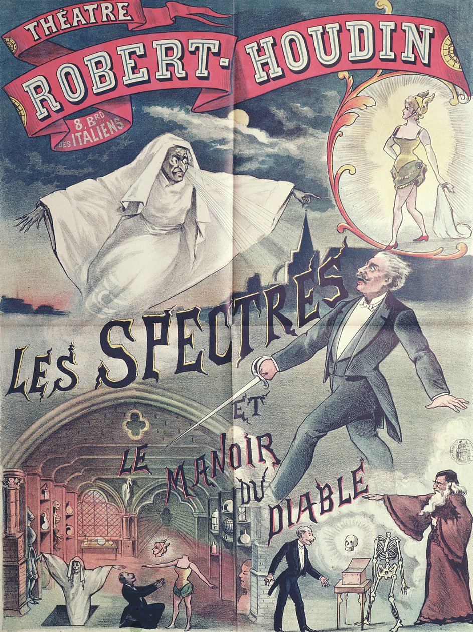 Affisch med reklam för Spöken och djävulens hus på teatern Robert-Houdin, Paris, ca 1870 av French School