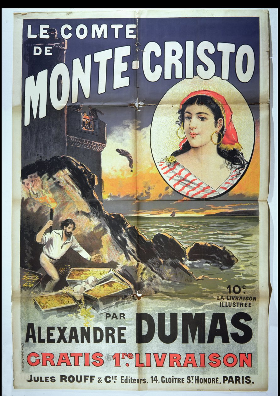 Affischreklam för Greven av Monte Cristo av Alexandre Dumas Pere (1802-70) av French School