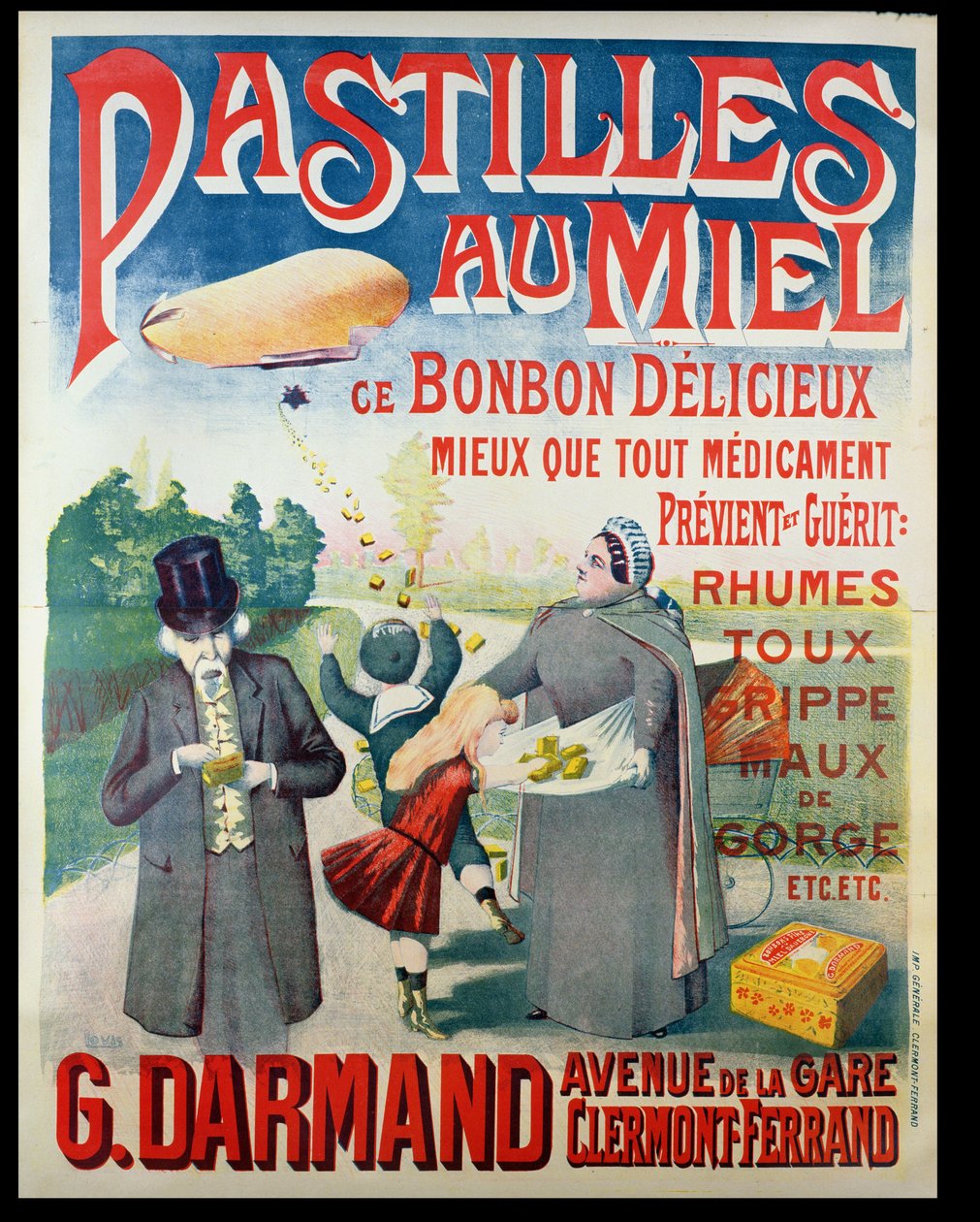 Affischreklam Pastilles au Miel, honungstabletter, tillverkade av G. Darmand av French School