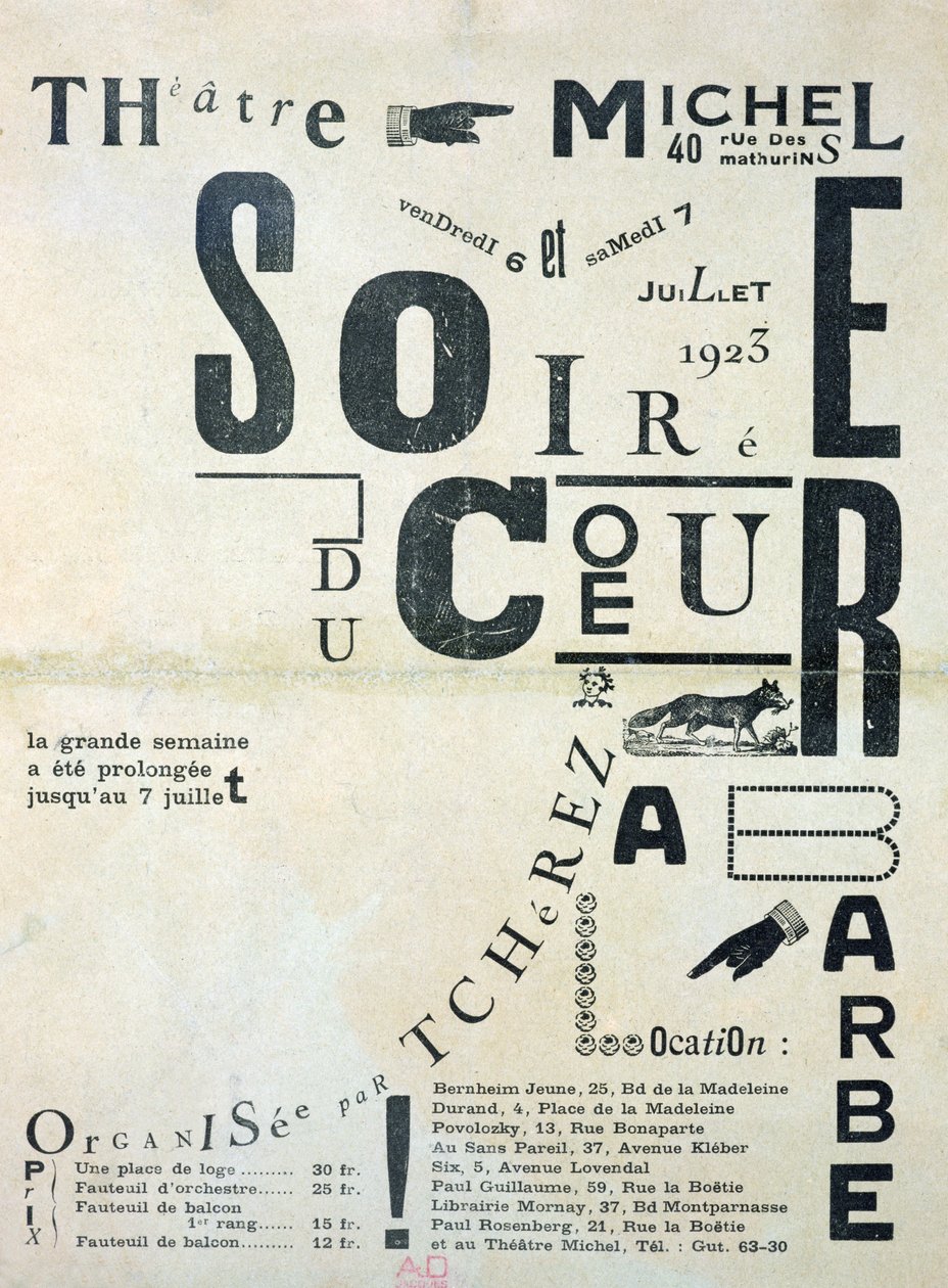 Affischreklam för Soiree du Coeur a Barbe på Michelteatern 6 och 7 juli 1923 av French School