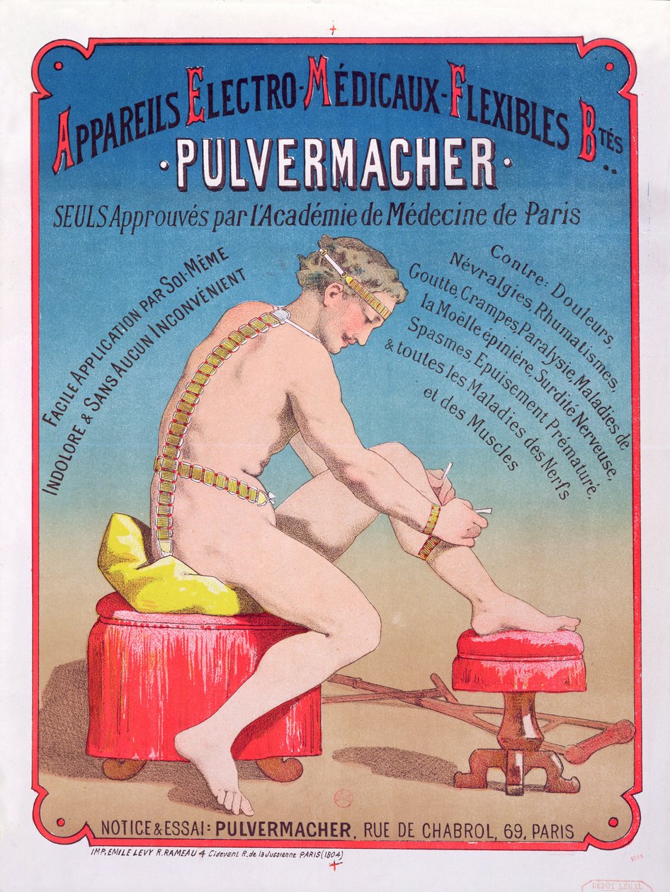 Affisch som annonserar en elektromedicinsk kroppsmassage- och stimuleringsmaskin Pulvermacher, 1884 av French School