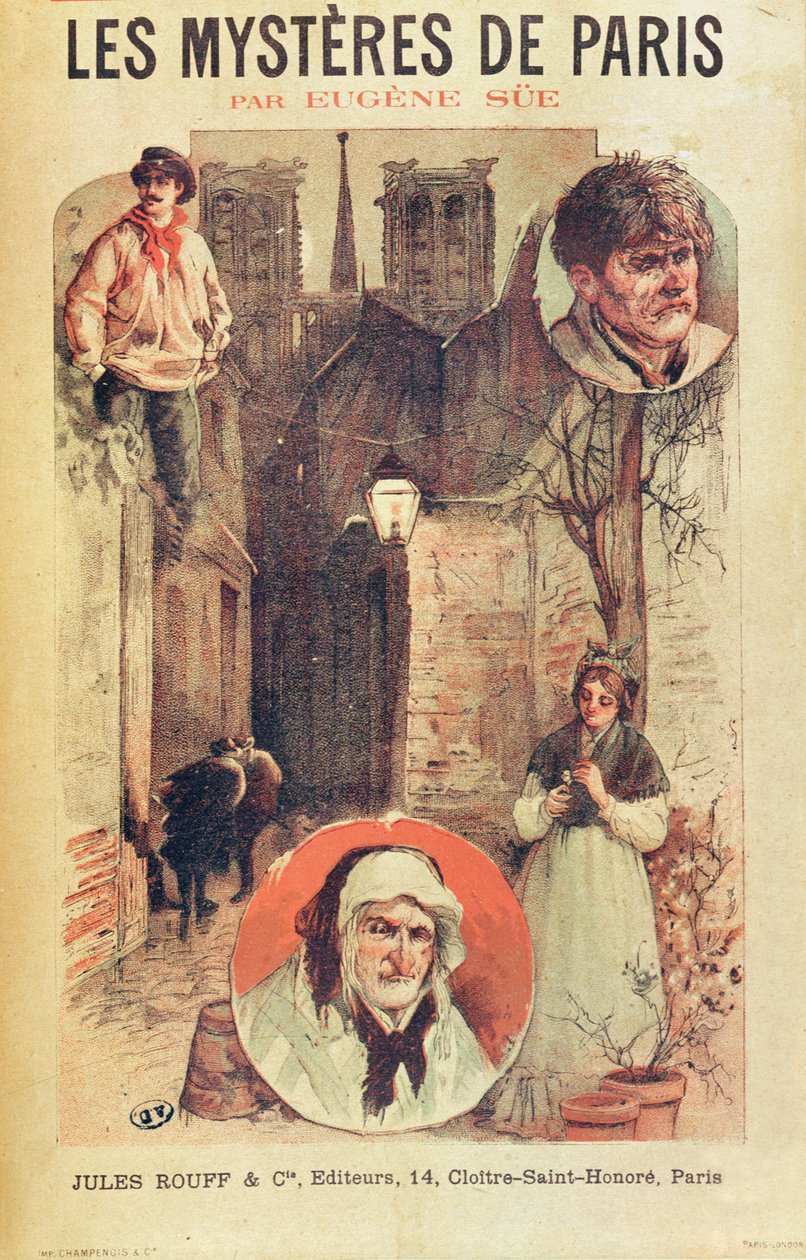 Poster advertising les Mysteres de Paris av Eugene Sue (1804-57) publicerad i omgångar av Editions Jules Rouff, sent 1800-tal av French School