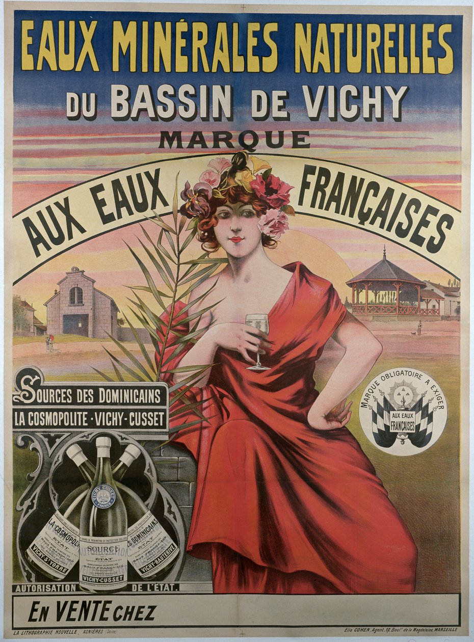 Affisch som annonserar det naturliga mineralvattnet i Vichybassängen, naturligt mineralvatten av French School